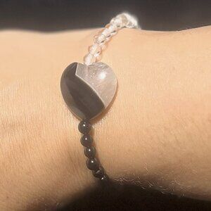 🆕 Handmade Tuxedo Agate Heart Bracelet | Onyx & Czech Glass | Stretch | 2 Sizes